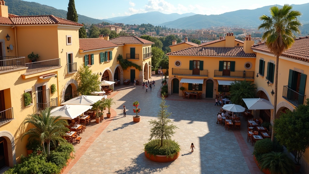 Charmante place de ville de la Costa del Sol avec architecture traditionnelle et restauration en plein air, mettant en avant le style de vie des acheteurs potentiels de biens immobiliers évitant les problèmes juridiques.