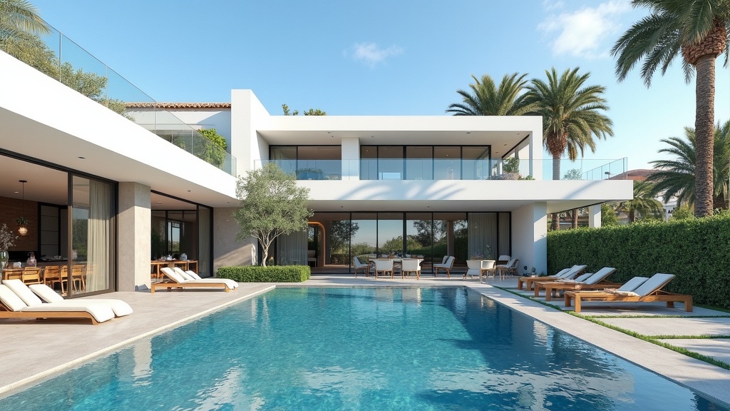 Luxe strandpanden langs de kust van de Costa del Sol met uitzicht op de Middellandse Zee en moderne architectuur