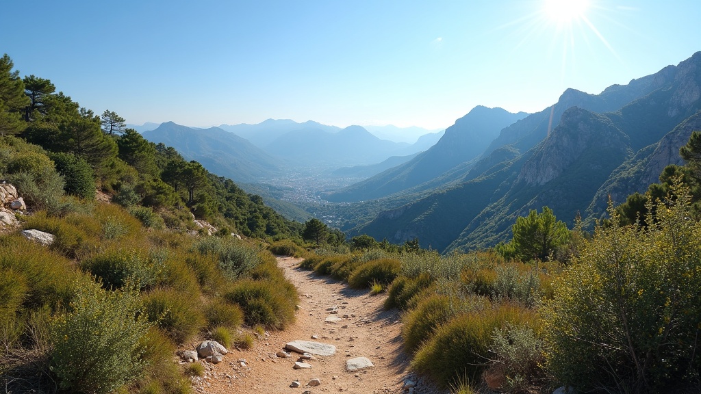 Panoramisch uitzicht op de Sierra Blanca bergen & wandelpaden onder de middagzon, inspirerend voor verkenning van Parc Naturel de Los Alcornocales Costa del Sol, kurkeikenbossen Andalusië.