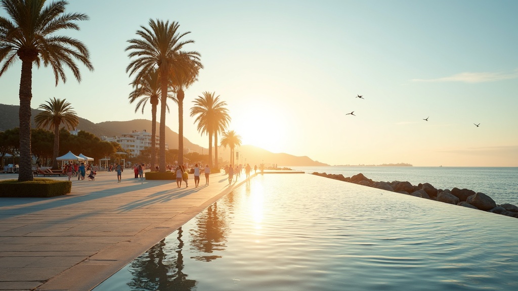 Panoramic view of Costa del Sol coastline showing golden beaches, blue Mediterranean waters, and clear sunny skies