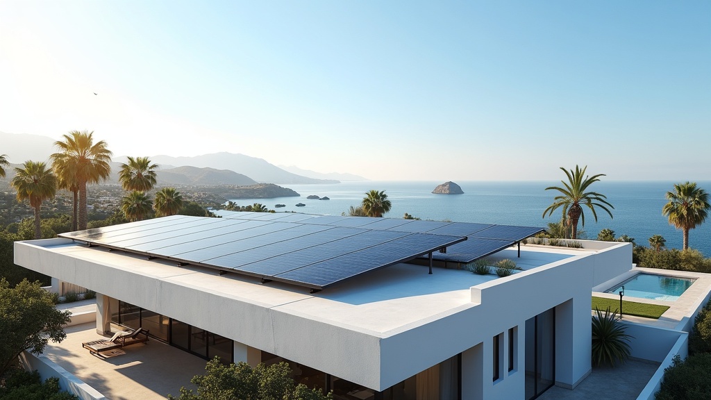 Eco-vriendelijk vastgoed Spanje: Luxe huis aan de Costa del Sol met zonnepanelen, palmbomen en uitzicht op de oceaan onder gouden ochtendlicht.
