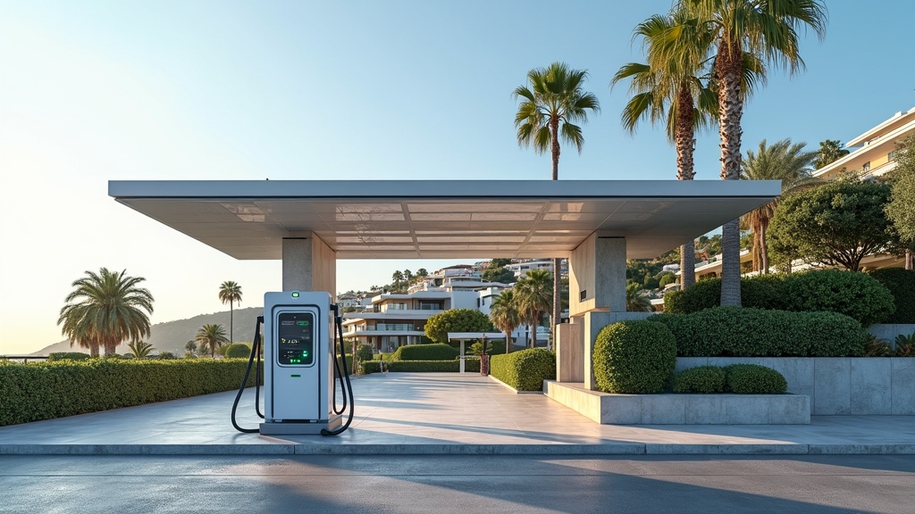 Chargeur EV élégant avec panneaux solaires dans une propriété de luxe de la Costa del Sol, mettant en avant la certification BREEAM Espagne et la certification LEED Espagne éco-style de vie.