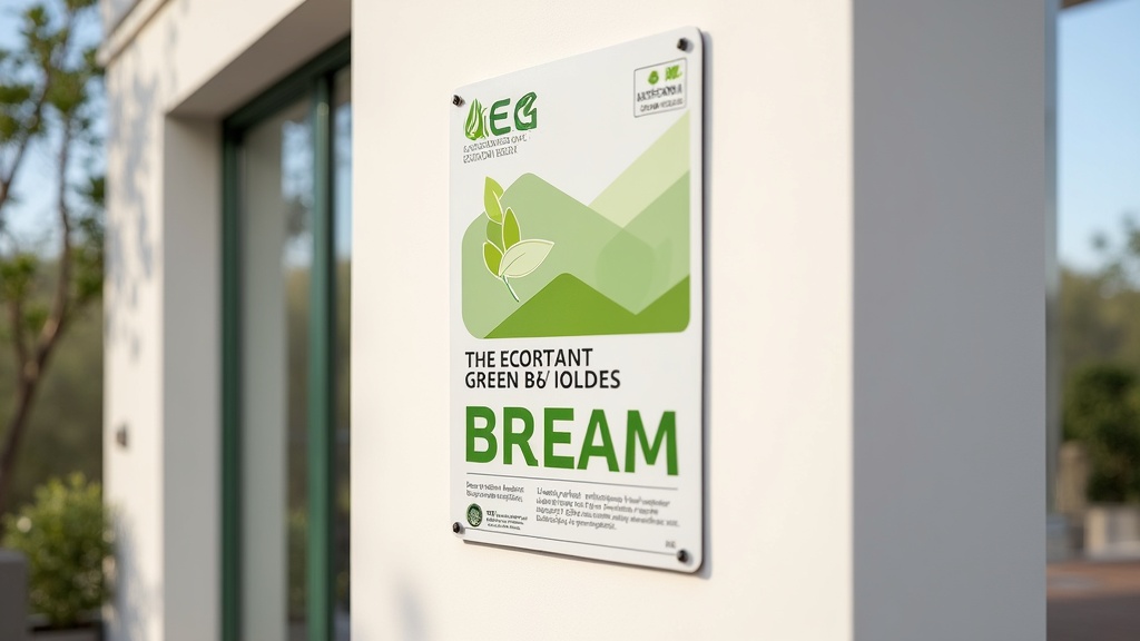 Plaque officielle BREEAM sur un bâtiment moderne, montrant la durabilité vérifiée des maisons de luxe durables de la Costa del Sol.