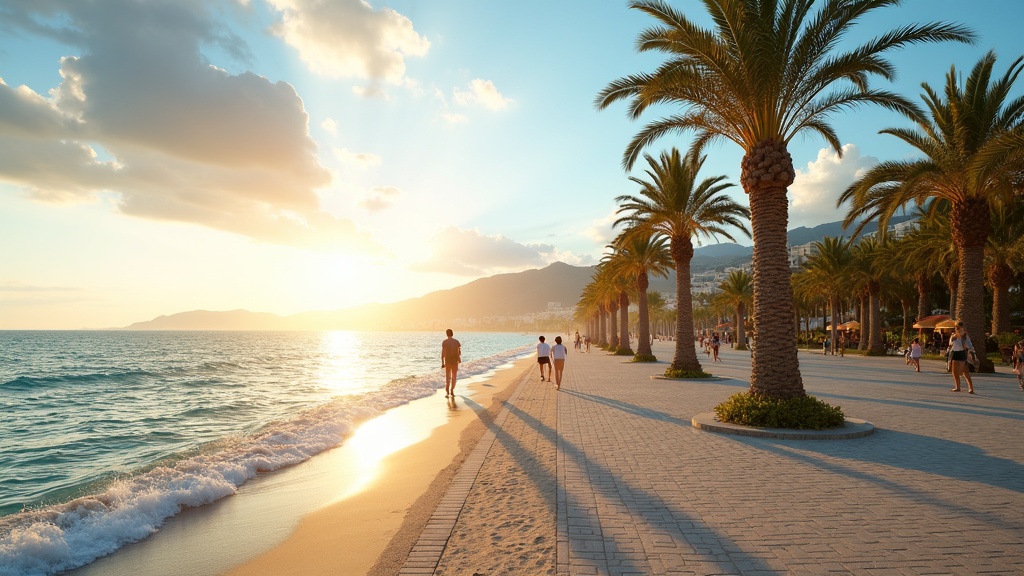 Panoramavy över Costa del Sol:s kustlinje som visar berg, Medelhavet och soliga blå himlar