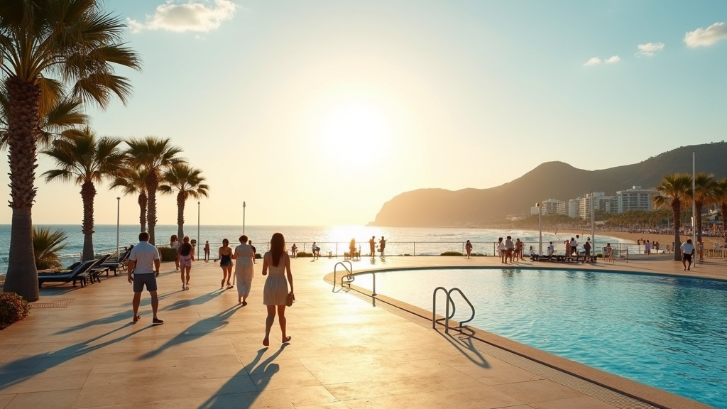 Śródziemnomorski krajobraz z różnorodną florą Costa del Sol, w tym dębami korkowymi, dzikimi kwiatami i górskim tłem