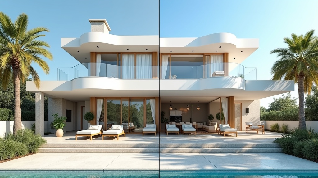 Vergelijking van vakantie-eigendommen aan de Costa del Sol: luxe versus authentiek, met nadruk op architectonische en interieurindelingen.