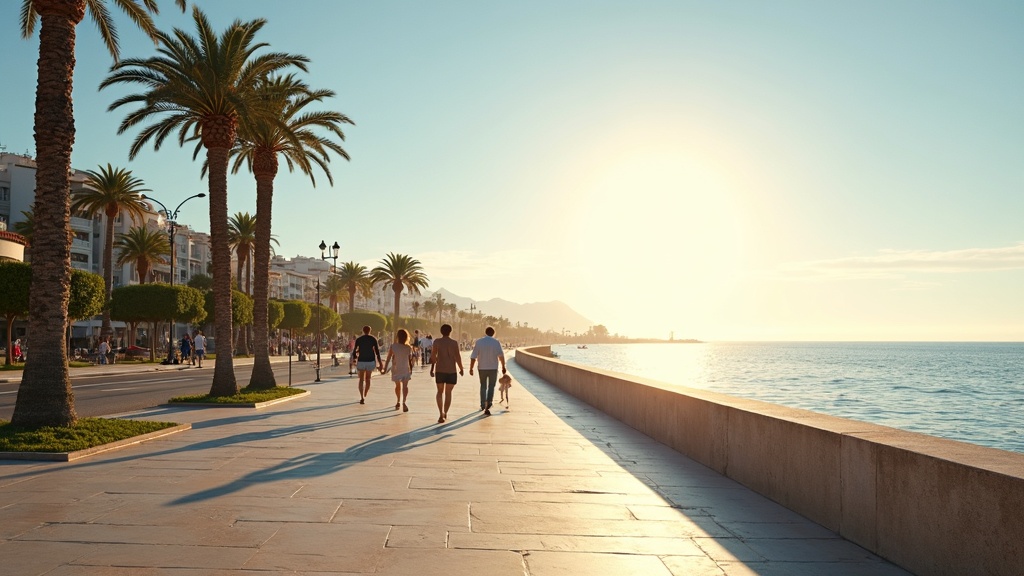 Mediterrane Küstenlinie der Costa del Sol mit Bergen und klarem blauen Himmel, die perfekte Klimabedingungen zeigen