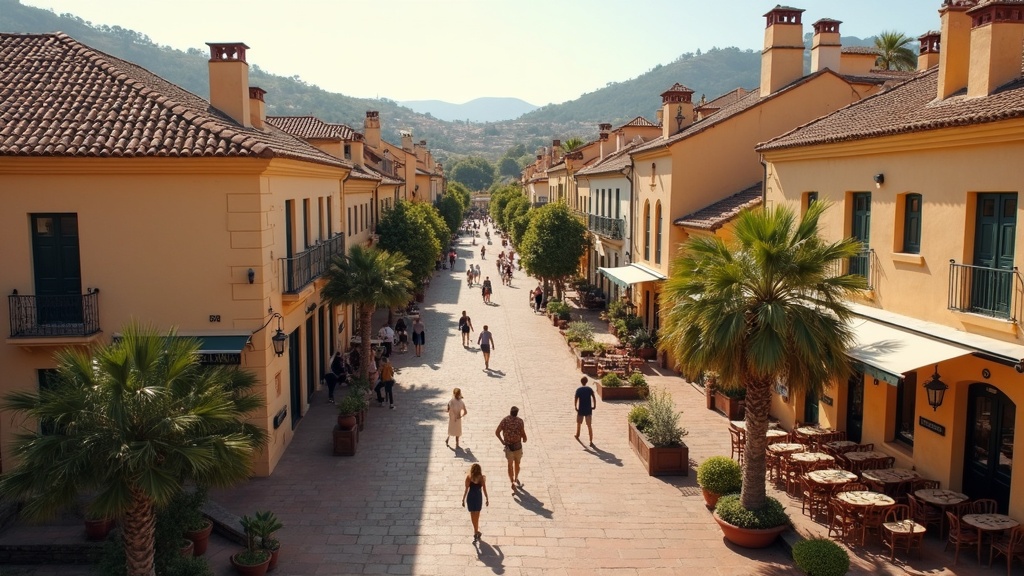Promenade ensoleillée de la Costa del Sol en décembre avec des palmiers, des tables de café en extérieur et des personnes marchant par temps chaud
