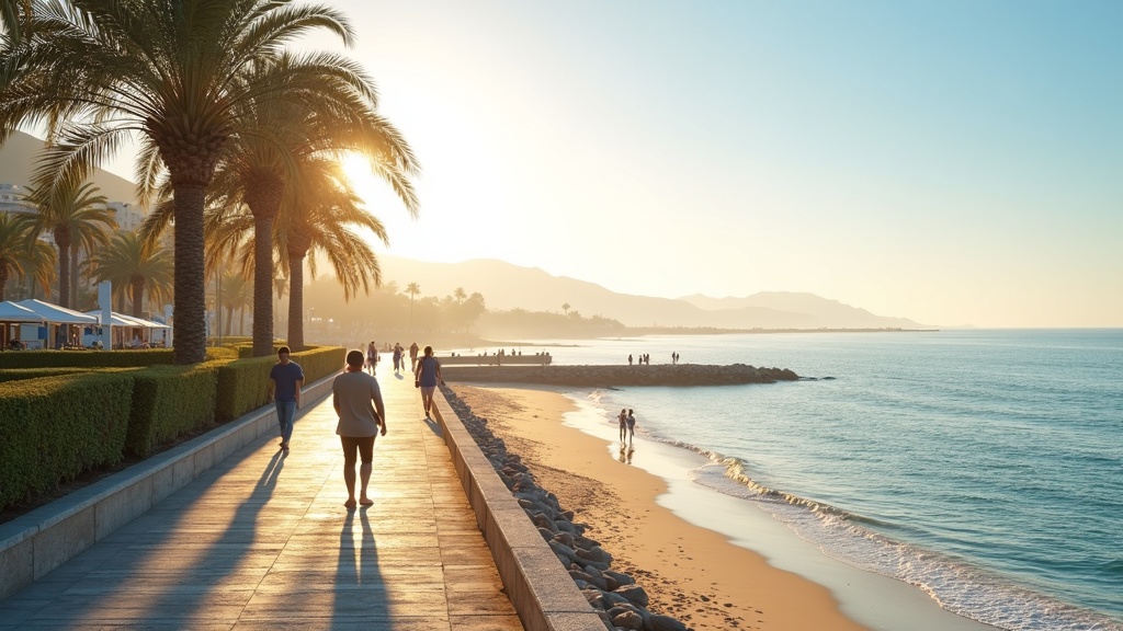 Sunny Mediterranean coastline with blue skies and palm trees along Costa del Sol beach promenade, showcasing healthy outdoor living