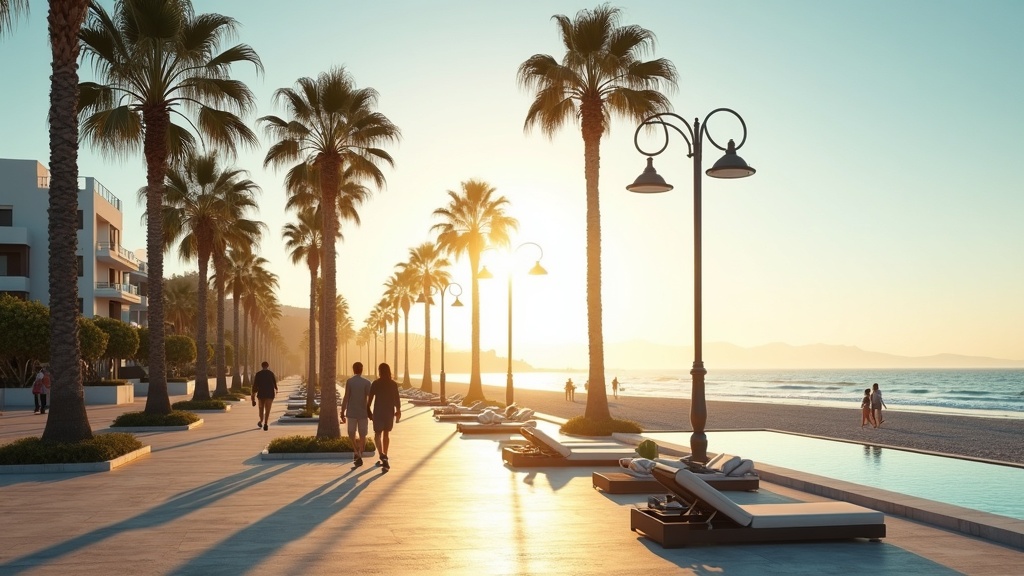 Luxury spa terrace overlooking Mediterranean sea at Costa del Sol wellness resort with palm trees and mountain backdrop