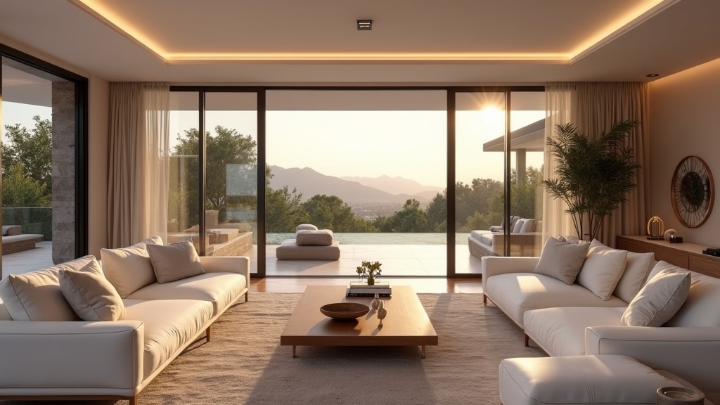 Salon moderne d'une villa de luxe, lumière ambre chaude, design haut de gamme. Comparez cette retraite authentique de vacances sur la Costa del Sol.