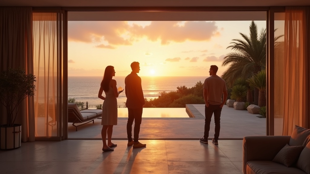 Internationale Käufer besichtigen eine luxuriöse modernistische Immobilie bei Sonnenuntergang während authentischer Costa del Sol Urlaube und erkunden die Merkmale.