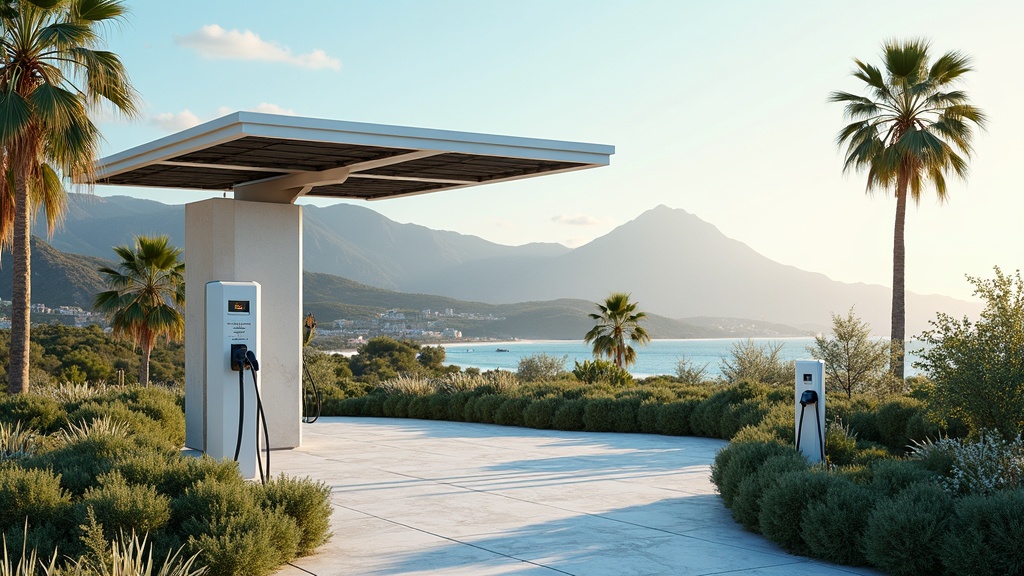 Lever de soleil sur une station de recharge pour véhicules électriques élégante avec un auvent solaire dans des maisons neuves en Espagne sur la Costa del Sol, montrant la résilience climatique au milieu des montagnes de la Sierra de Mijas et des plages dorées.