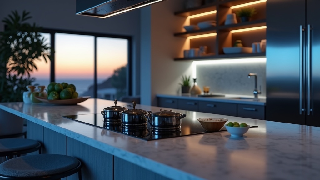 Moderne Küche in einem Neubau an der Costa del Sol: A+++ Geräte, LED-Beleuchtung und elegantes Design für den Vergleich der Klimafestigkeit zwischen Küste und Binnenland.