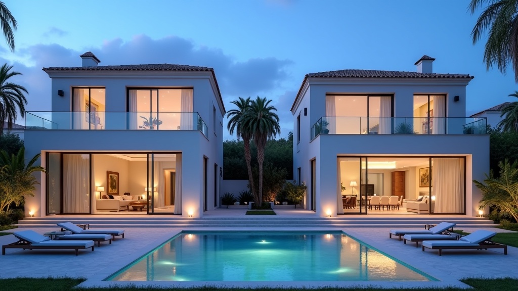 Seitenvergleich von Immobilien in Mijas, Benalmádena, Torremolinos in der Nähe des Flughafens Málaga, die andalusische Architektur, Innenräume und Preispunkte zur blauen Stunde gegenüberstellen.