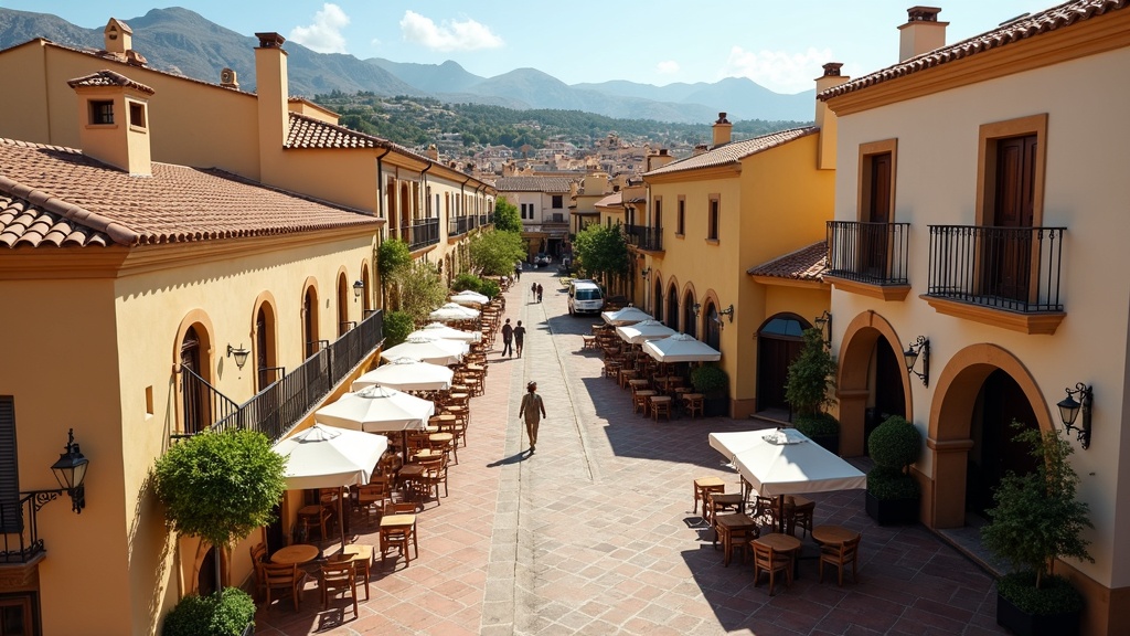 Vie inspirante dans une maison de vacances espagnole sur la Costa del Sol : charmante place, architecture traditionnelle, repas en plein air, lumière douce.