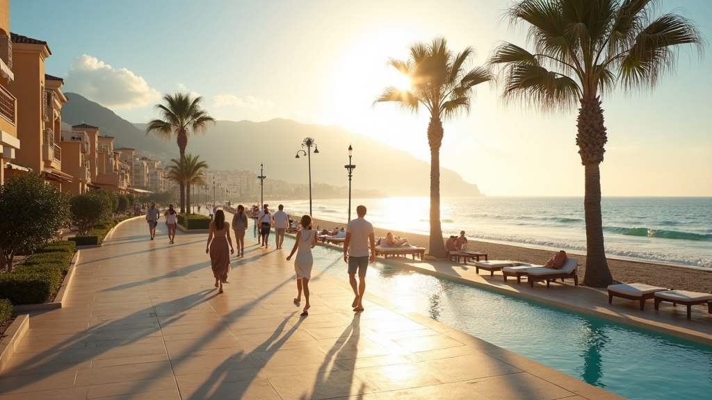 Słoneczne regiony Costa del Sol: Poranny spacer wzdłuż promenady z palmami nad lśniącym Morzem Śródziemnym.