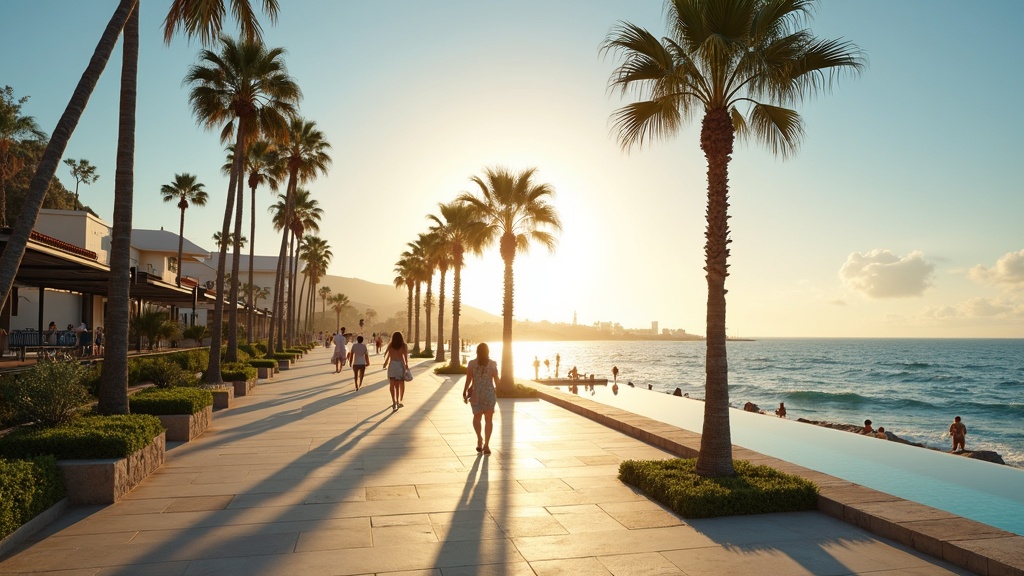 Solig strand i Costa del Sol med palmer och Medelhavet under klarblå himmel