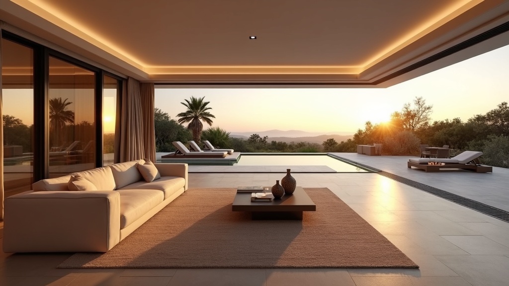 Lyxigt vardagsrum i Costa del Sol. Förmögenhetsskatt Spanien UK-residenter överväger detta för fastighetsvärde, som visar eleganta interiörer och terrassåtkomst.