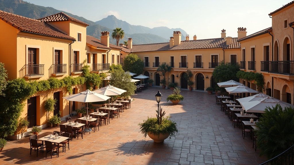 Luxusvilla-Terrasse mit Blick auf das Mittelmeer an einem sonnigen Wintertag an der Costa del Sol mit Golfplatz in der Ferne