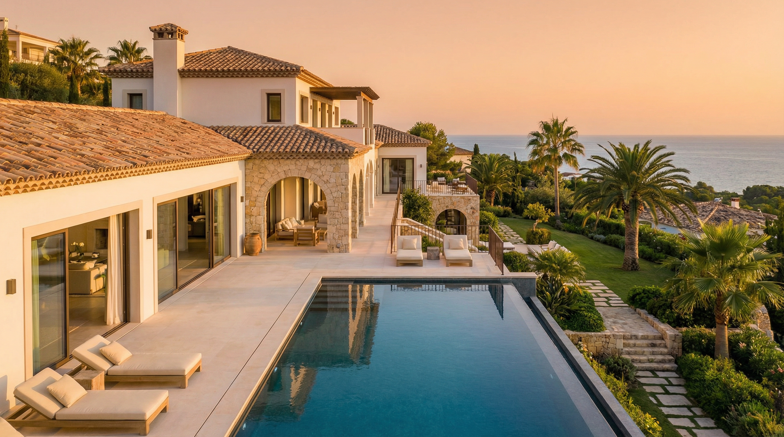 Vue d'une maison moderne respectant les normes de construction sur la Costa del Sol, Espagne, avec des matériaux durables et une architecture méditerranéenne.