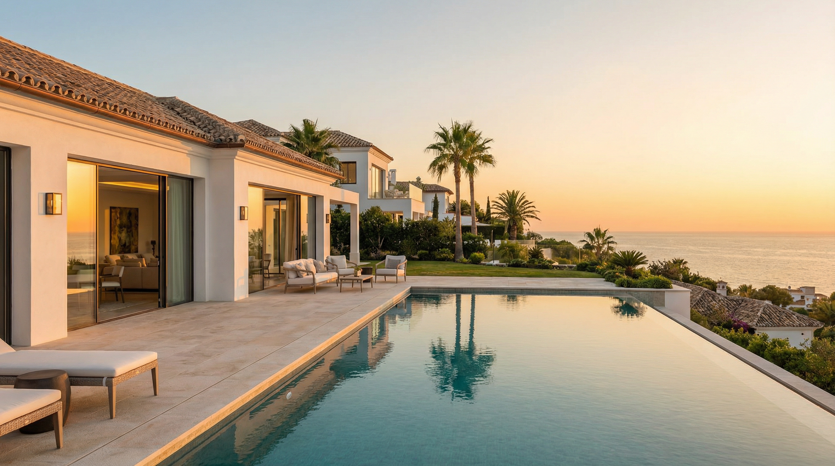 Een prachtig uitzicht over de opkomende vastgoedgebieden aan de Costa del Sol, met moderne woningen en groene natuur.