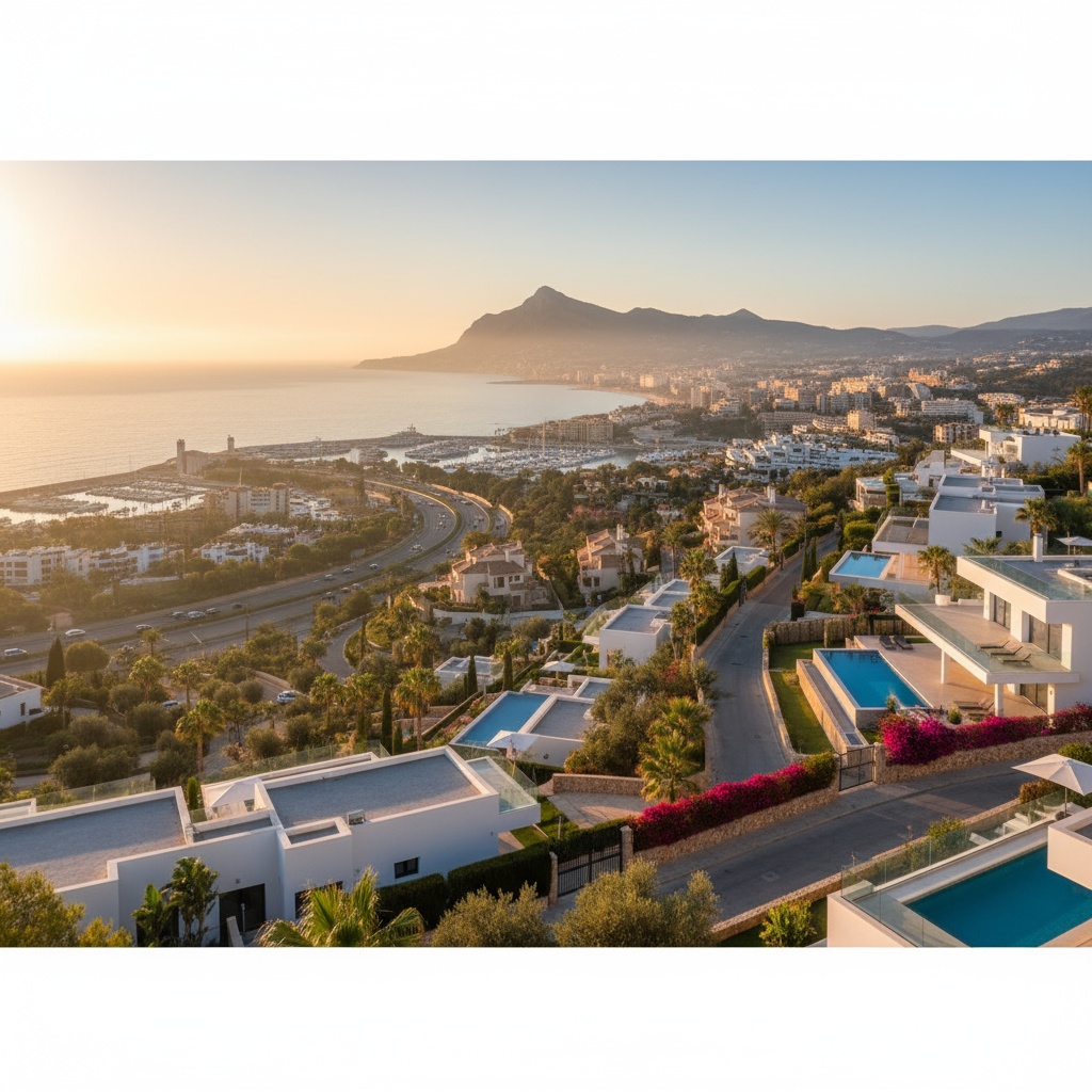Een hyperrealistische, hoge resolutie foto van de Costa del Sol kustlijn bij zonsopgang, genomen vanaf een heuvelachtig uitzichtpunt.