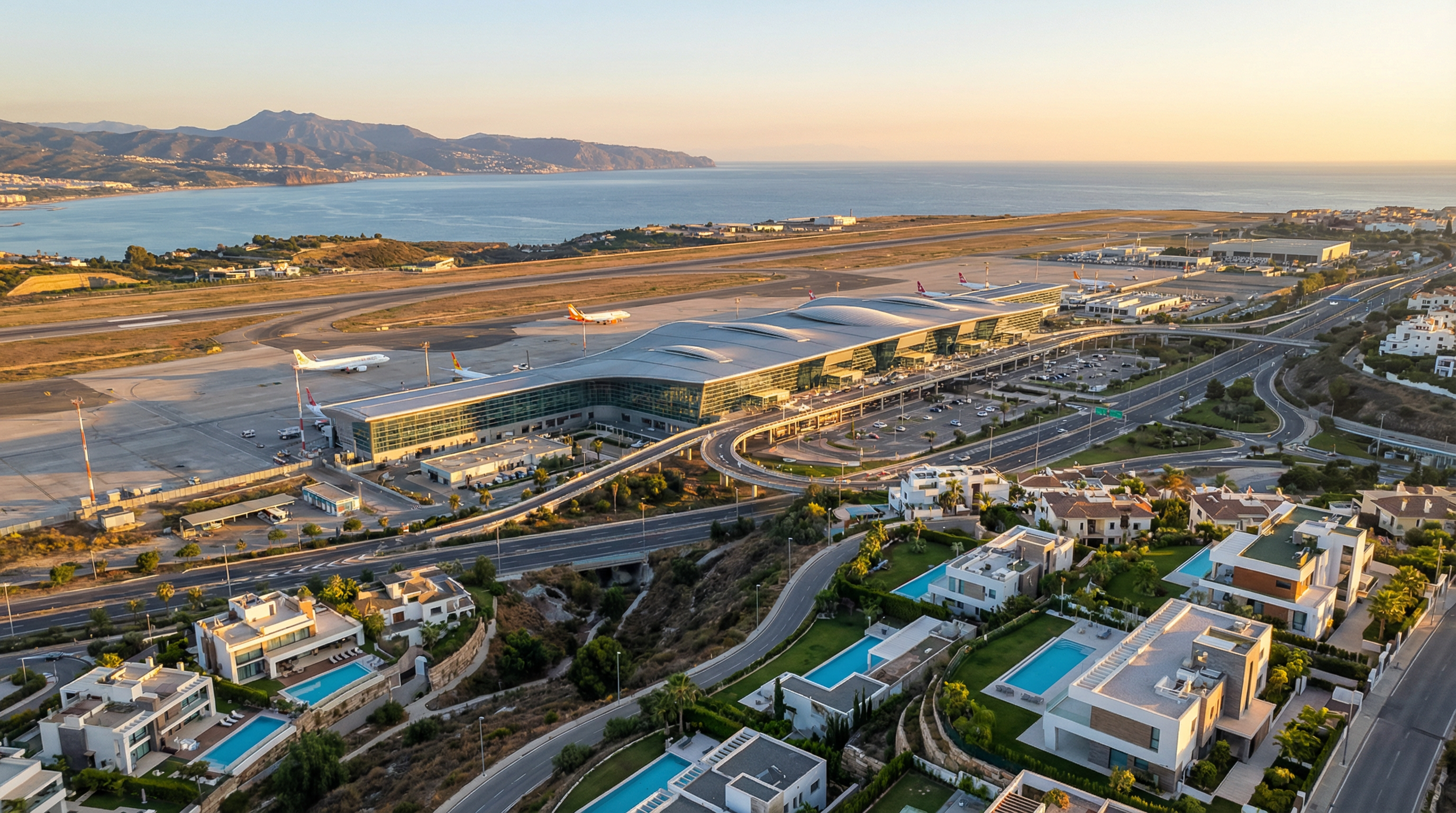 Luchtfoto van Luchthaven Málaga met moderne architectuur en uitgestrekte landingsbanen, omgeven door de prachtige Costa del Sol en luxe woningen.