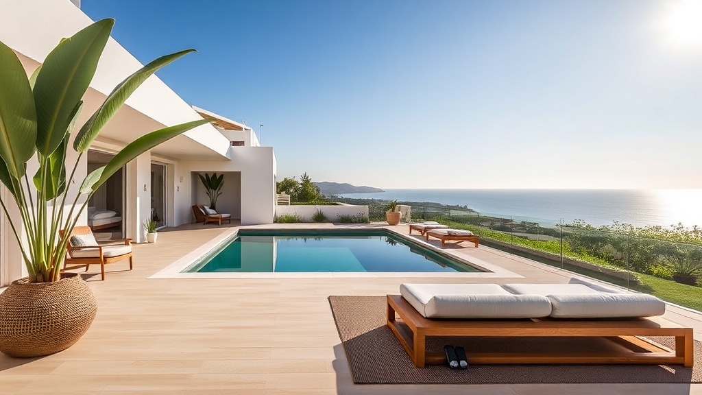 Modernes Wellness-Spa mit Blick auf die Küste der Costa del Sol, mit Infinity-Pool und Bergblick