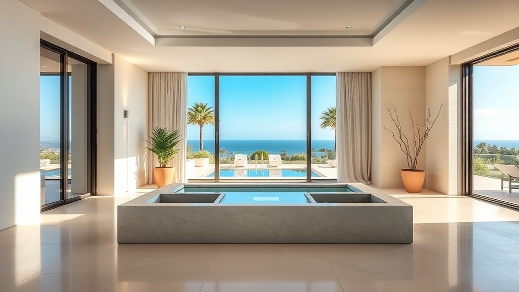 Modern Costa del Sol new build development showing luxury spa pool and fitness facilities with Mediterranean views