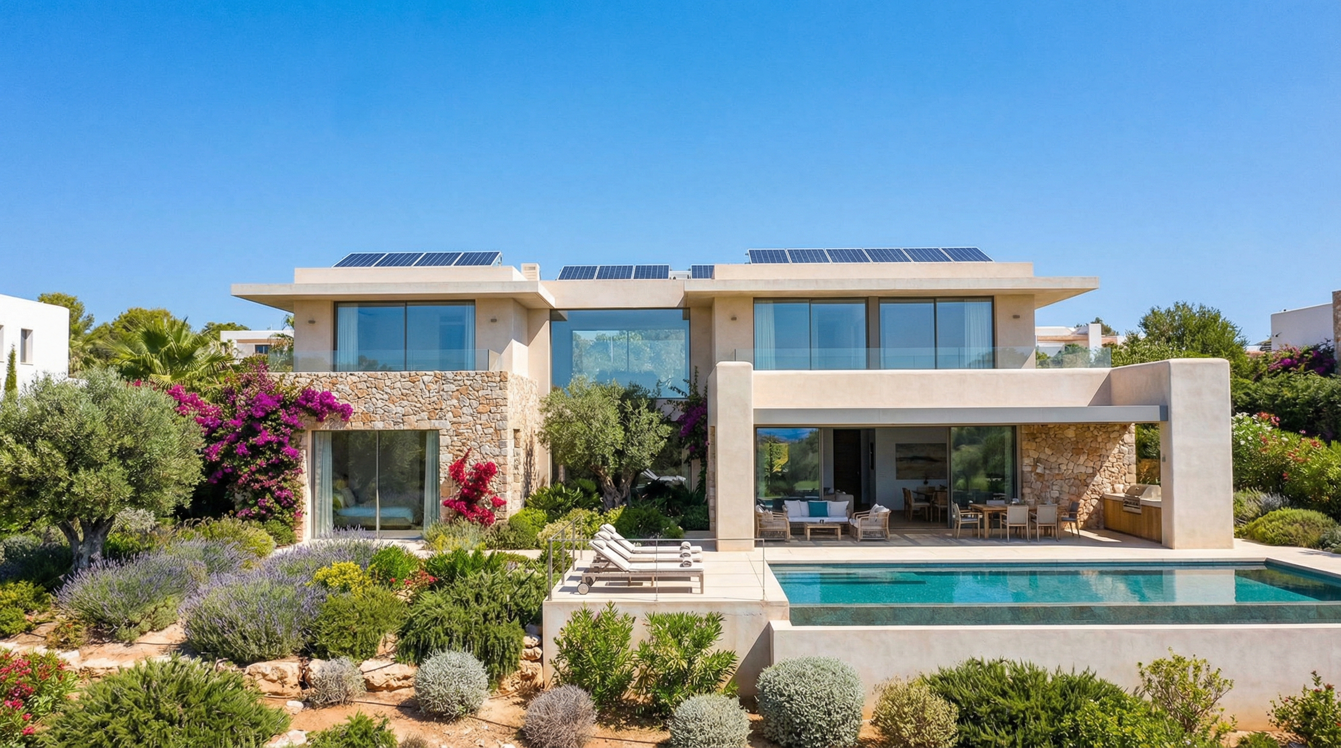 Modern sustainable villa in Costa del Sol with solar panels and lush Mediterranean landscaping under a clear blue sky.