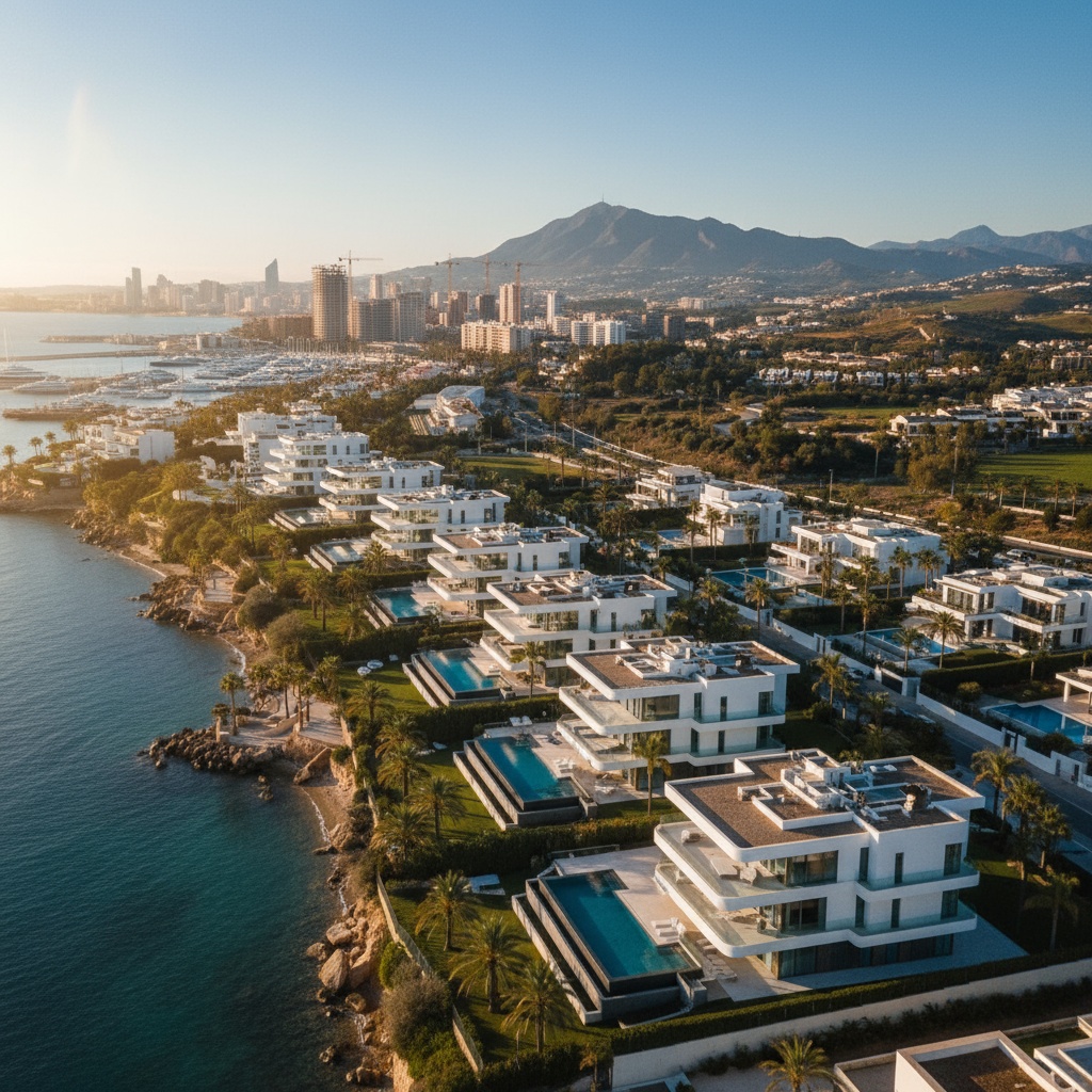 Ein filmisches, ultra-realistisches Luftbild der Neuen Goldenen Meile in Estepona, Spanien – aufgenommen im späten Nachmittagslicht, mit wa